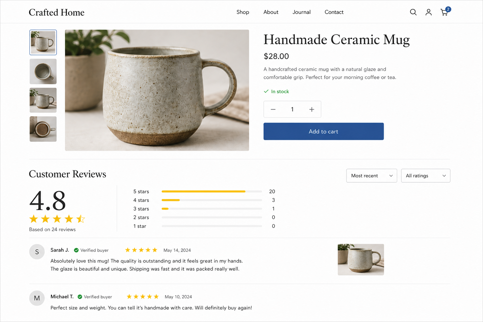 Product page reviews summary with rating breakdown and verified buyer reviews