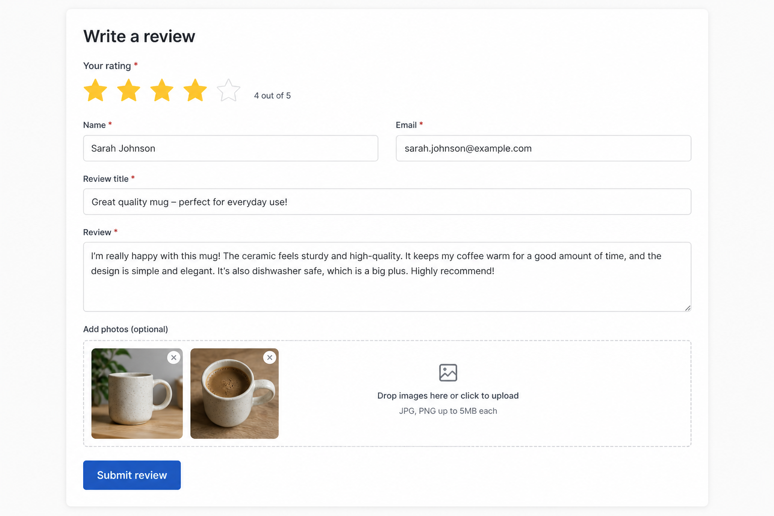 Review submission form with star rating and photo upload