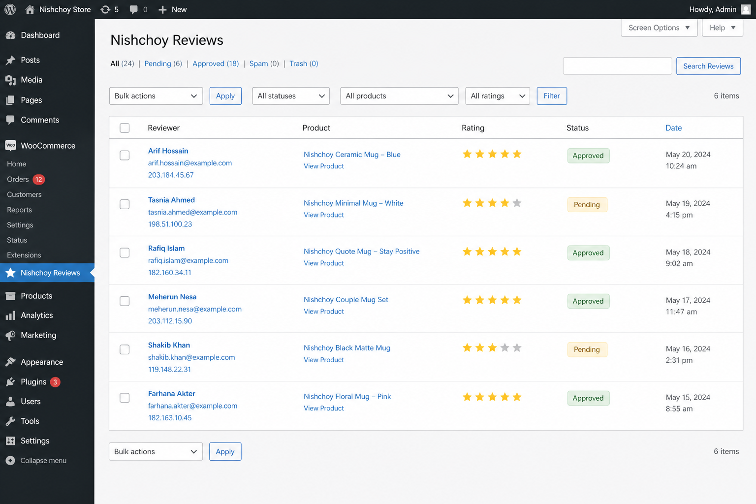 Admin reviews list with filters by product, rating, and status