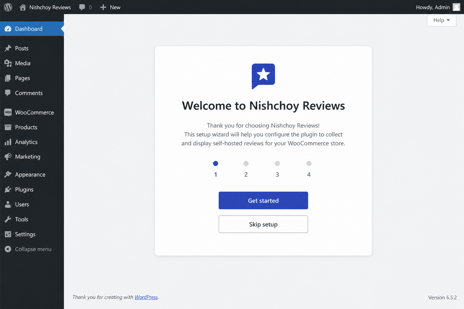 Nishchoy Reviews setup wizard in WordPress admin